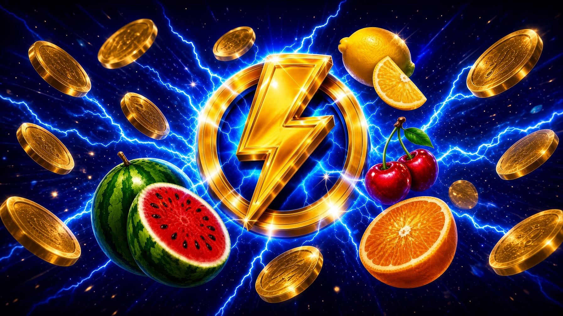 Golden lightning, coins and fruit on a blue electric background